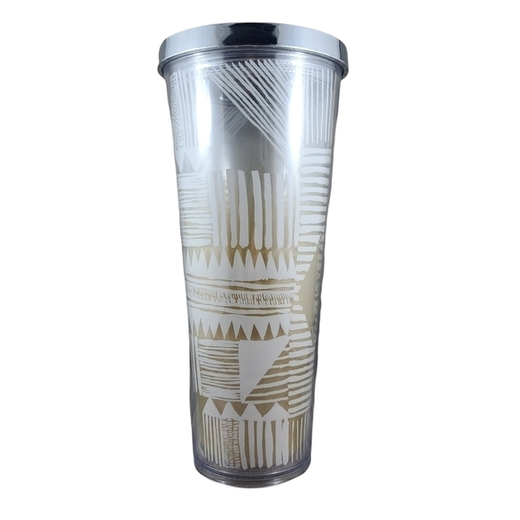 𝅺Starbucks Coffee 2014 Gold White Chrome Silver Lid 24 oz Venti Acrylic Tumbler - Picture 2 of 6